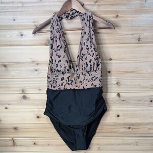 Cupshe One Piece Swimsuit Leopard/ Black Plunge NWT